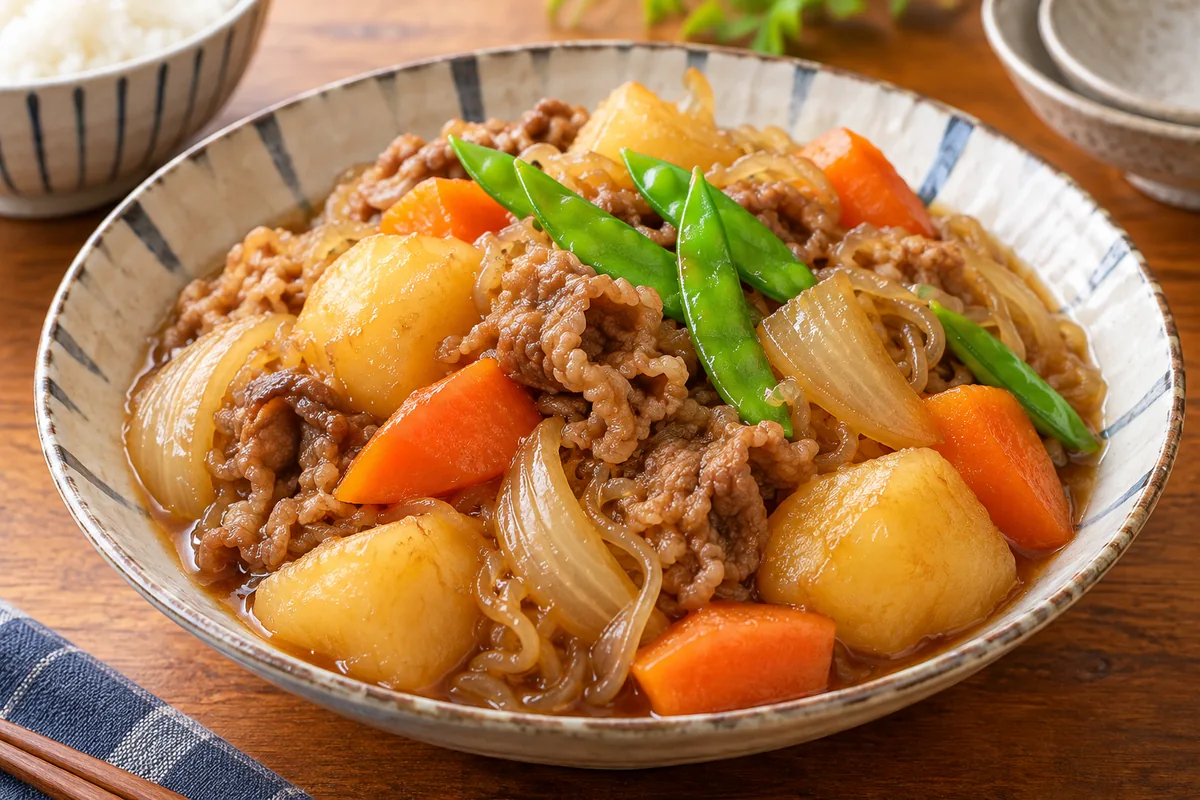 牛丼の具、じゃがいも、にんじん、しらたきに鮮やかな絹さやを飾った肉じゃがの生成参考画像