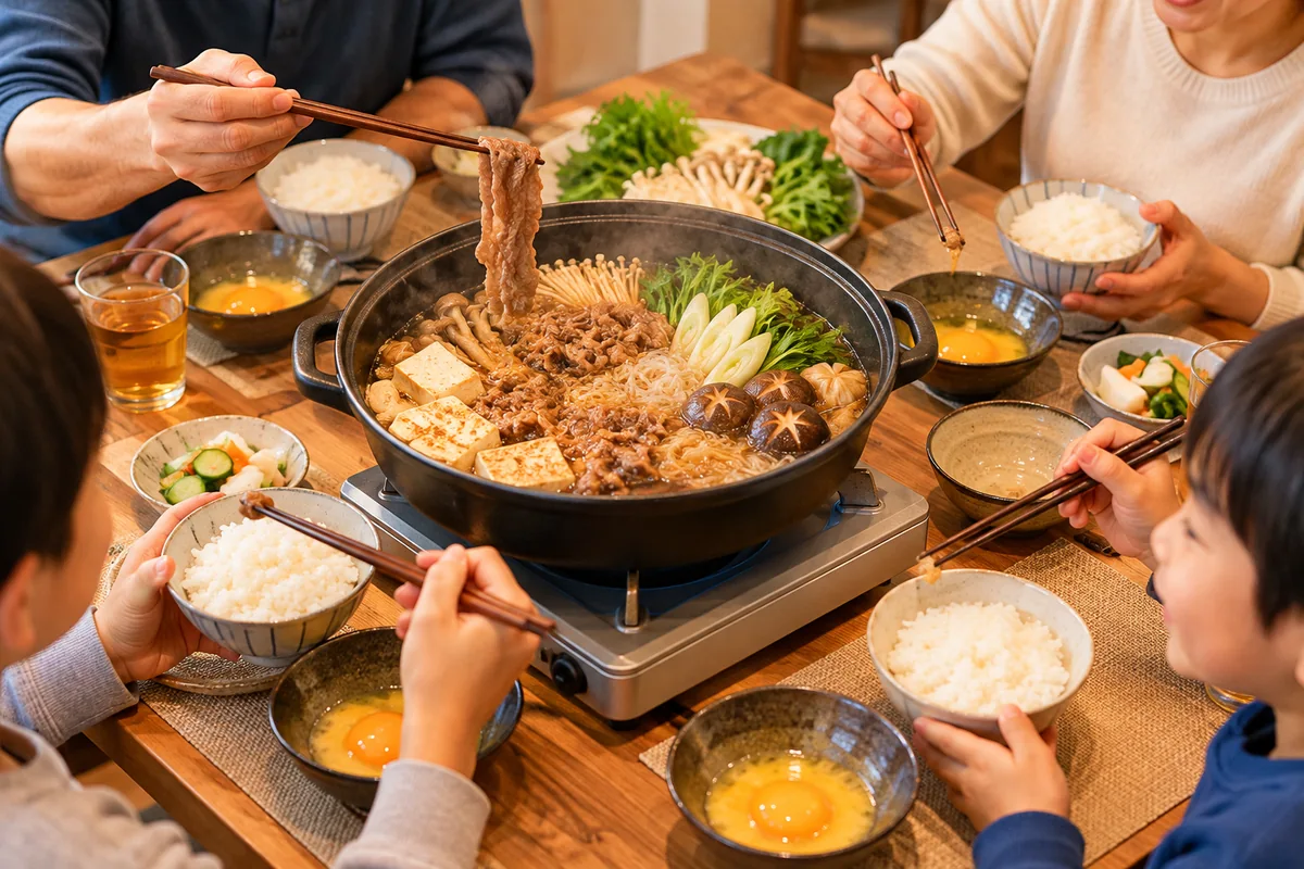 家族4人が食卓中央のすき焼き鍋を囲む生成参考画像