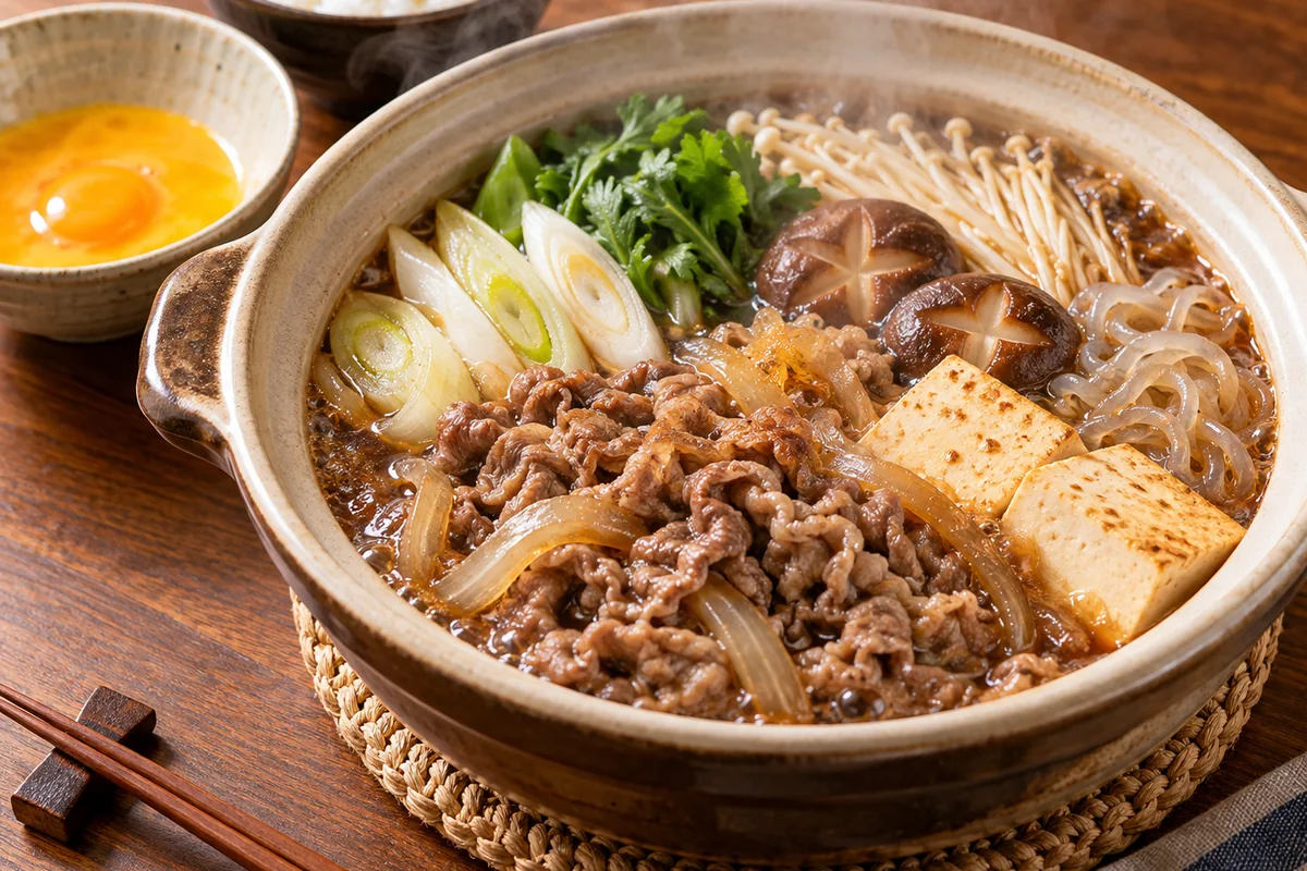 牛丼の具と豆腐・きのこ・しらたきのすき焼き風牛鍋の生成参考画像